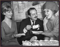 Florence Henderson, left, and Carol Channing, right, celebrating Merrick's 10th anniversary as a Broadway producer. 